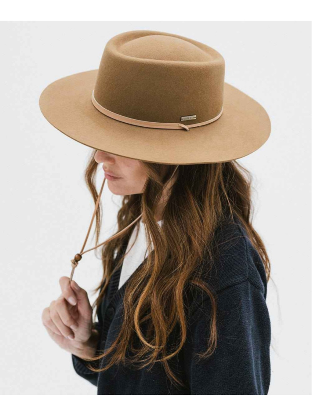 Gigi Pip Wren flat brim hat light brown wool leather strap telescope size 55 NWT